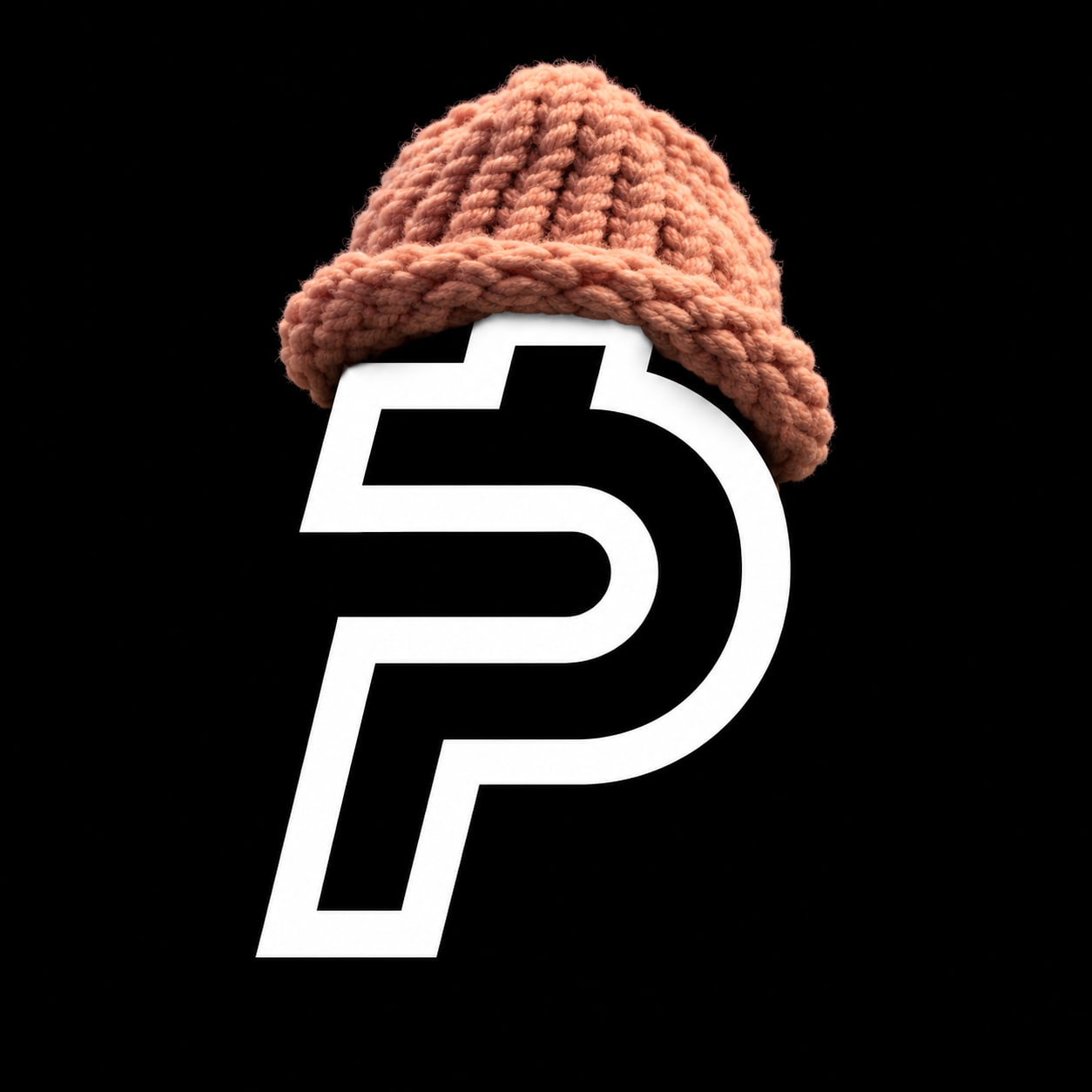 Cupcoin, an unfinished white symbol wearing a chunky peach knitted beanie